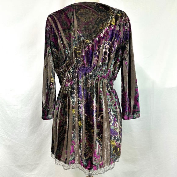 ENERGE WORLD WEAR Purple Velvet Paisley V Neck Babydoll Top 2000s Y2K Women's XL - Picture 5 of 7